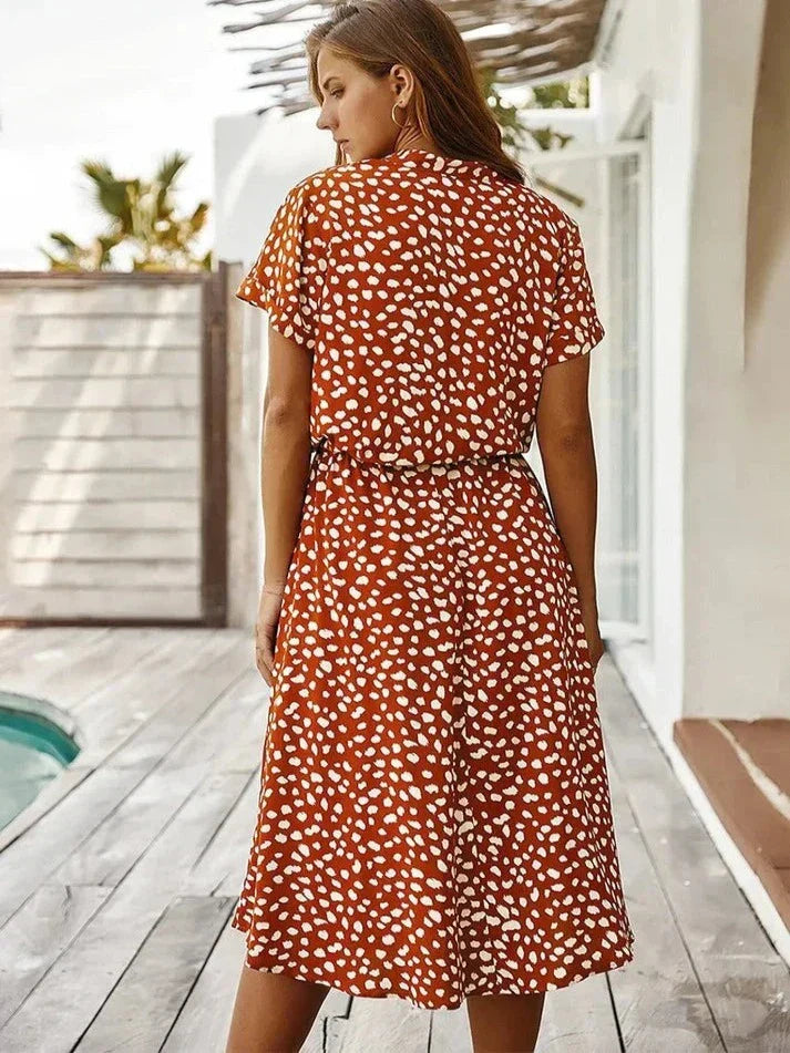 Women's midi dress – relaxed fit – breathable fabric – button placket – short sleeve