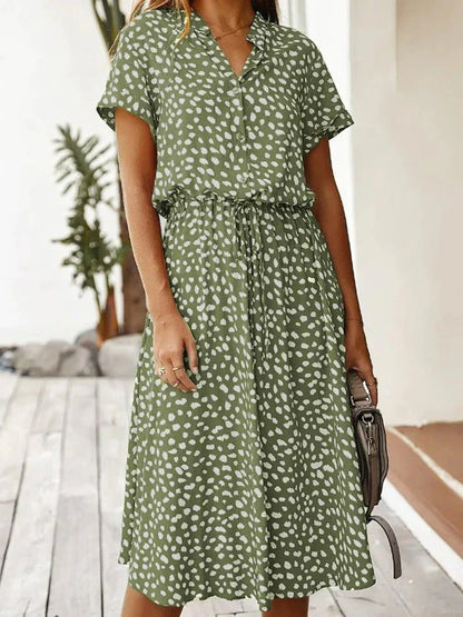Women's midi dress – relaxed fit – breathable fabric – button placket – short sleeve