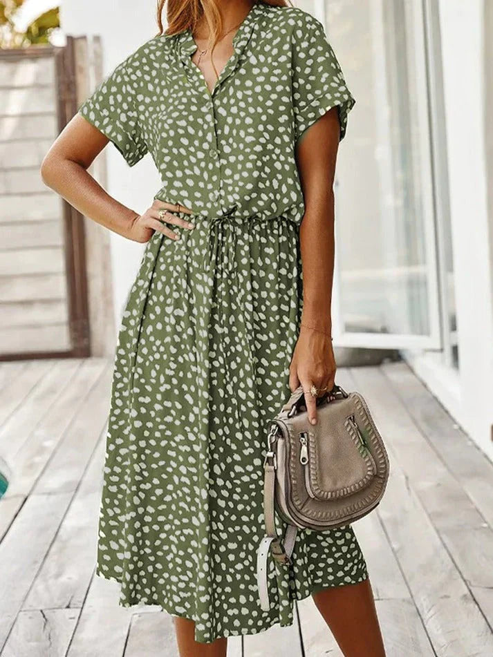 Women's midi dress – relaxed fit – breathable fabric – button placket – short sleeve