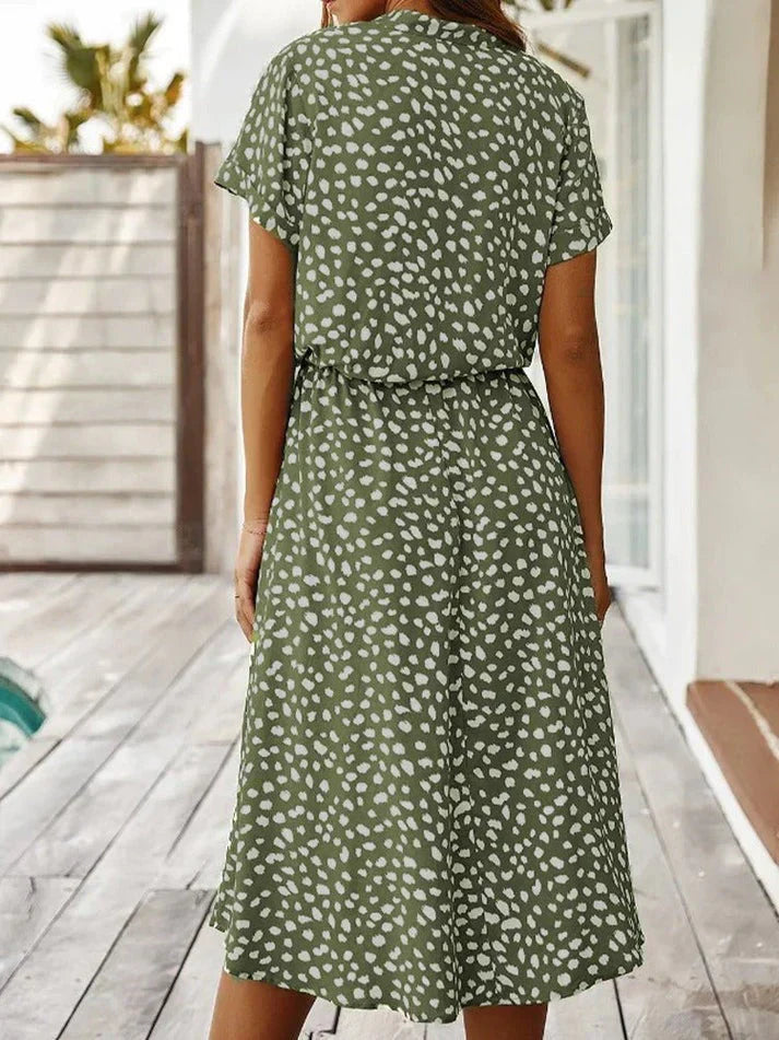 Women's midi dress – relaxed fit – breathable fabric – button placket – short sleeve
