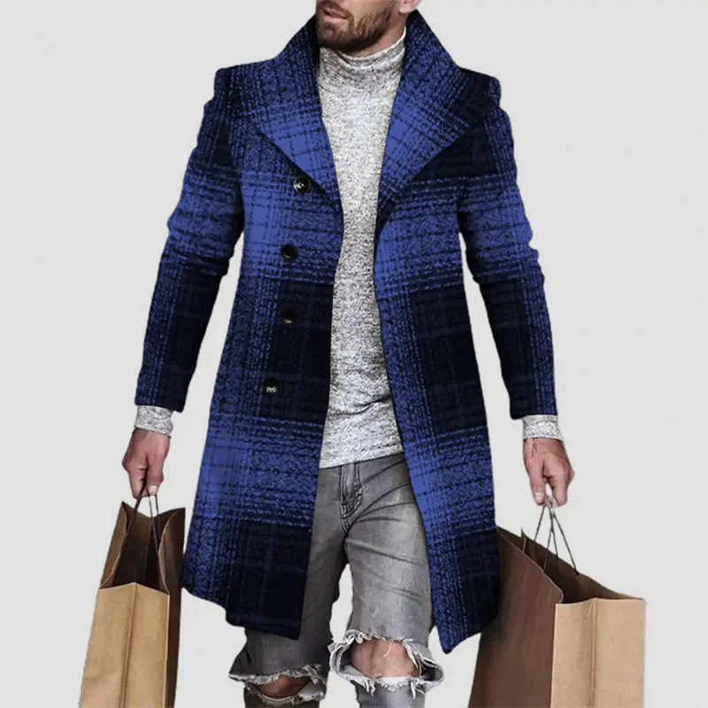 Edoardo Wool Thigh-Length Coat | Plaid Notched Lapel Coat
