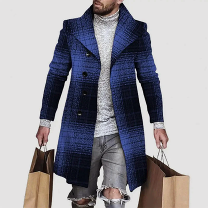 Edoardo Wool Thigh-Length Coat | Plaid Notched Lapel Coat