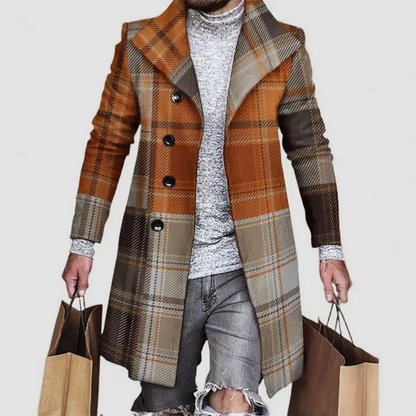 Edoardo Wool Thigh-Length Coat | Plaid Notched Lapel Coat