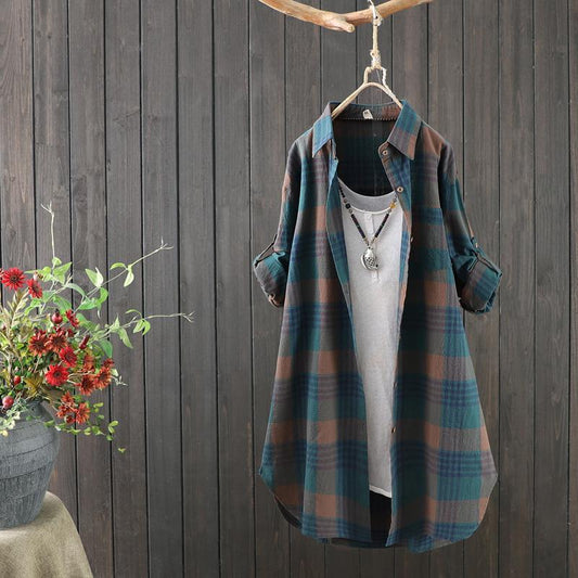 Women's Blouse – Relaxed Fit – Natural Fibers – Check Pattern – Tunic Length