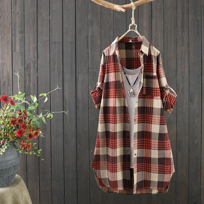 Women's Blouse – Relaxed Fit – Natural Fibers – Check Pattern – Tunic Length