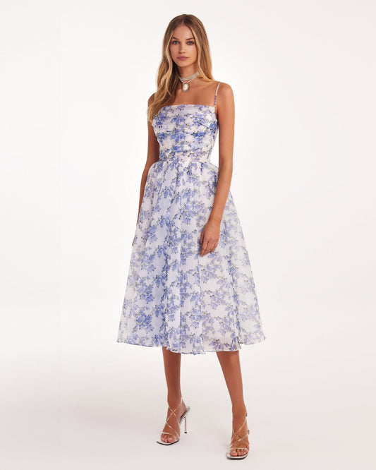 Dress for Women – Midi Length – Tailored Waist – A-Line – Spaghetti Straps – Floral Print