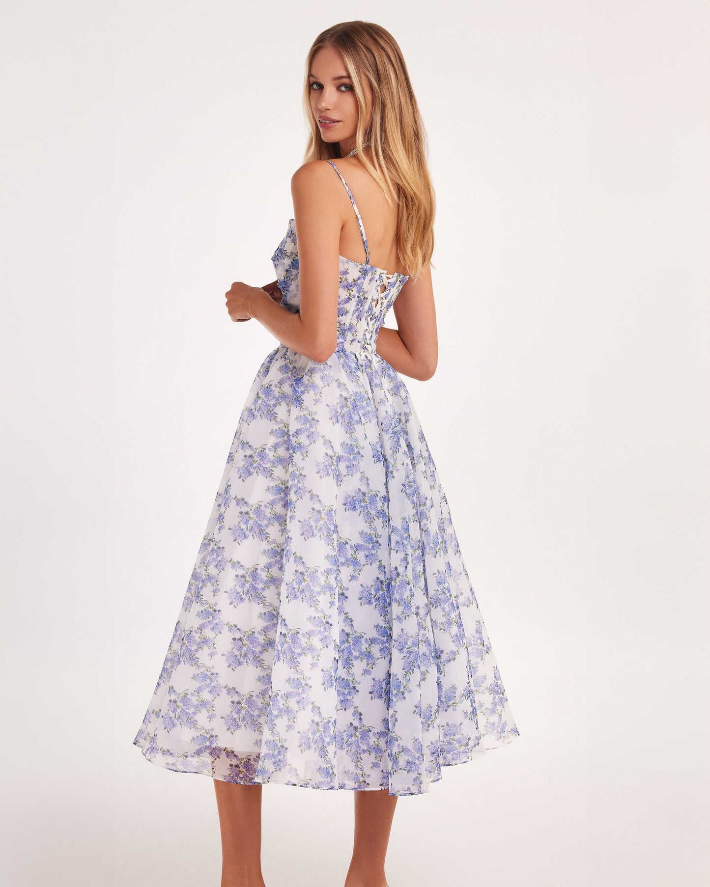 Dress for Women – Midi Length – Tailored Waist – A-Line – Spaghetti Straps – Floral Print