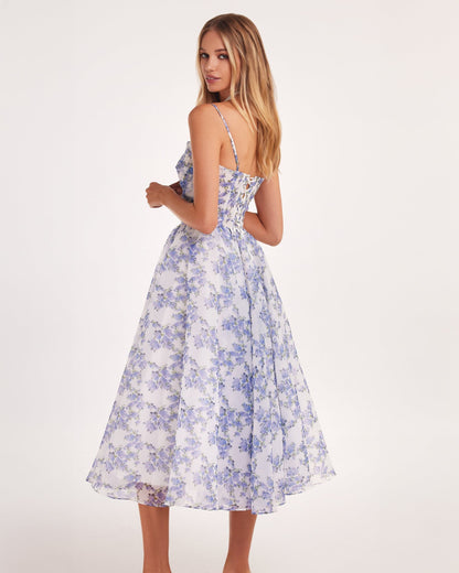 Dress for Women – Midi Length – Tailored Waist – A-Line – Spaghetti Straps – Floral Print