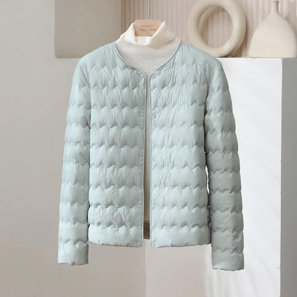 Anna Quilted Down Jacket | Collarless, Button-Front Down Jacket