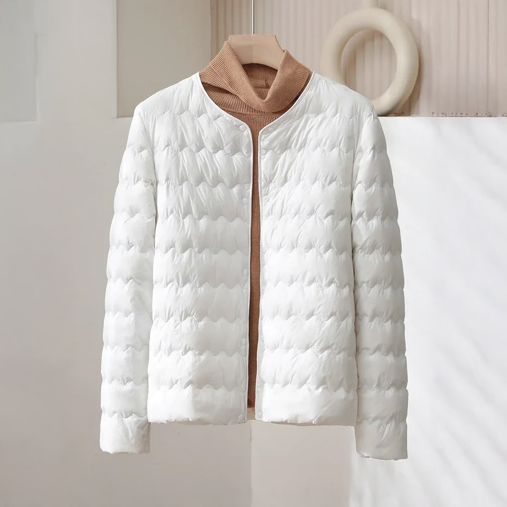 Anna Quilted Down Jacket | Collarless, Button-Front Down Jacket