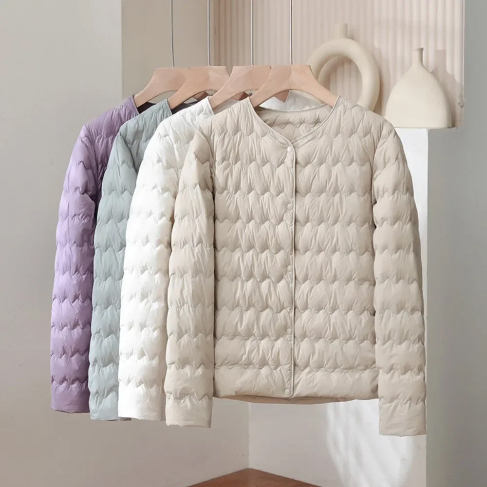 Anna Quilted Down Jacket | Collarless, Button-Front Down Jacket