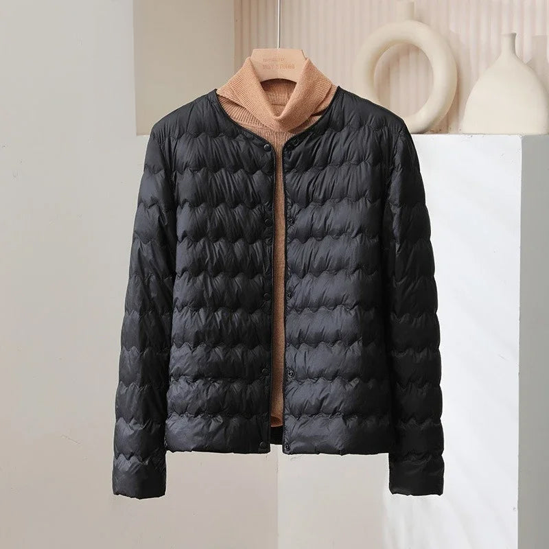 Anna Quilted Down Jacket | Collarless, Button-Front Down Jacket