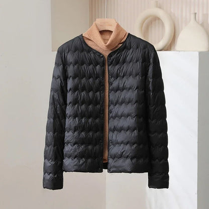 Anna Quilted Down Jacket | Collarless, Button-Front Down Jacket