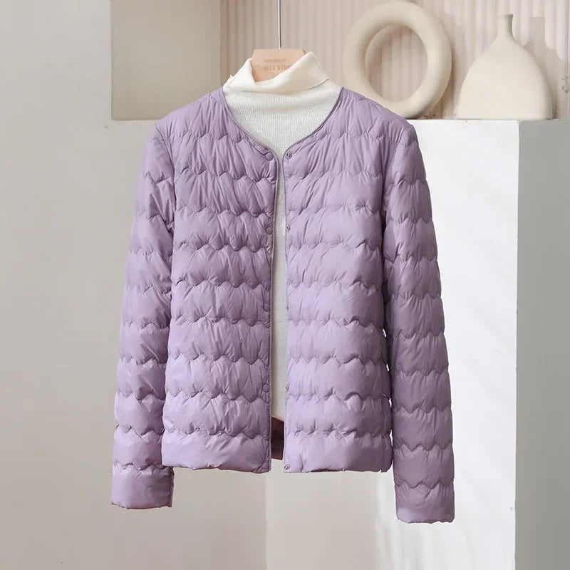 Anna Quilted Down Jacket | Collarless, Button-Front Down Jacket