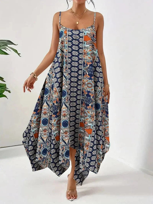 Women's Maxi Dress – Sleeveless – Loose Fit – Spaghetti Straps – Asymmetric Hem