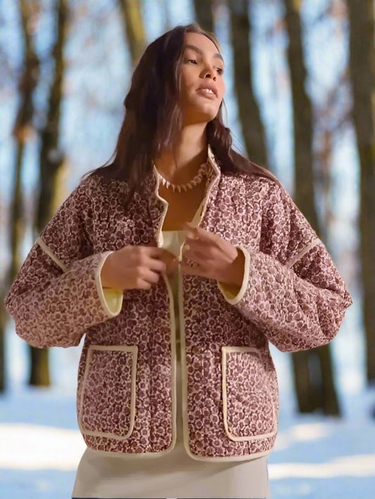 Women's Quilted Jacket – Floral Pattern – Relaxed Fit – Open Front with Piping