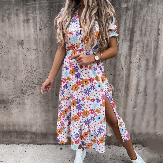 Dress for Women – Midi Length – V-Neck – Short Puff Sleeves – Split Detail