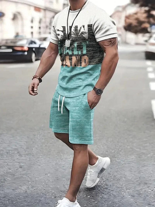 Men's T-shirt and Shorts Set - Graphic Print - Comfortable Fit - Adjustable Waist