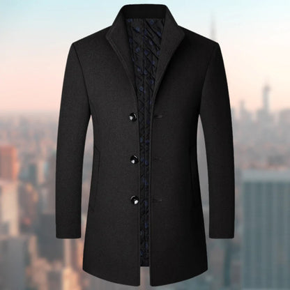 Men's Long Coat – Tailored Fit – Wool Blend – Single Breasted – Quilted Lining