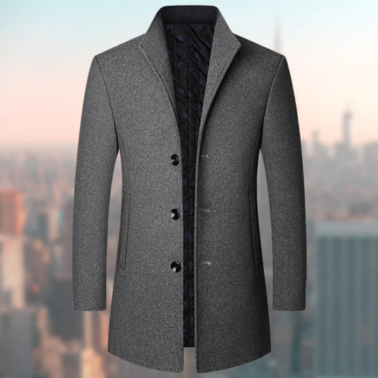 Men's Long Coat – Tailored Fit – Wool Blend – Single Breasted – Quilted Lining