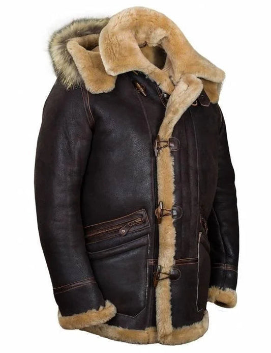 Men's Jacket with Hood – Leather Finish – Plush Lining – Toggle Closure – Relaxed Fit