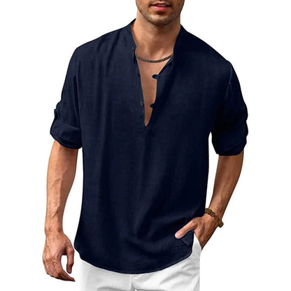 Men's Shirt - Stand Collar - Breathable Fabric - Relaxed Fit - Rolled-Up Sleeves
