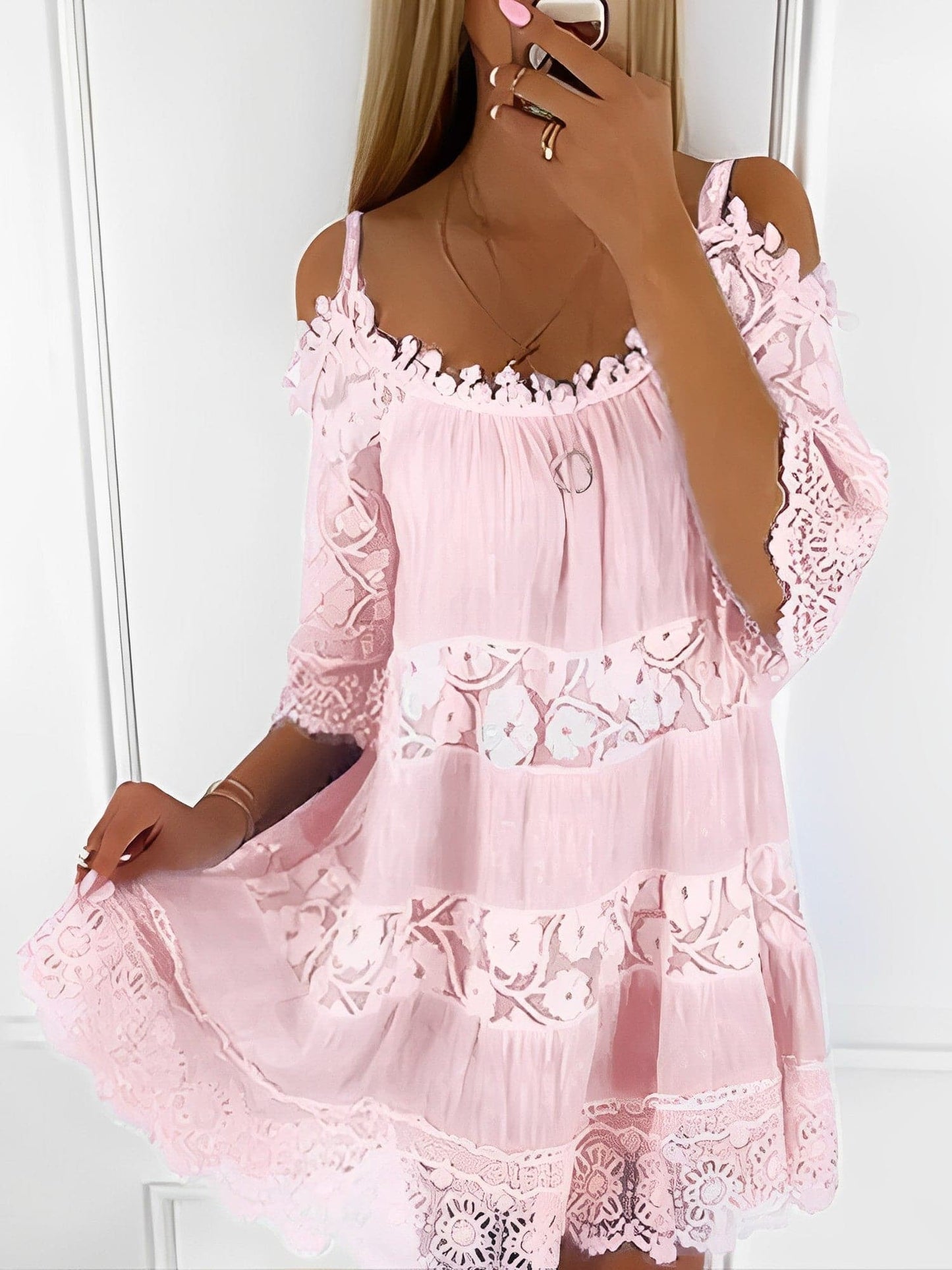 Women Mini Dress - Off-Shoulder - Lace & Embroidery - Loose Fit - Bohemian Style