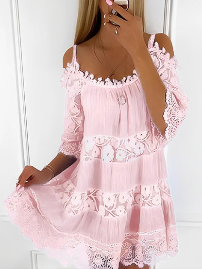 Women Mini Dress - Off-Shoulder - Lace & Embroidery - Loose Fit - Bohemian Style