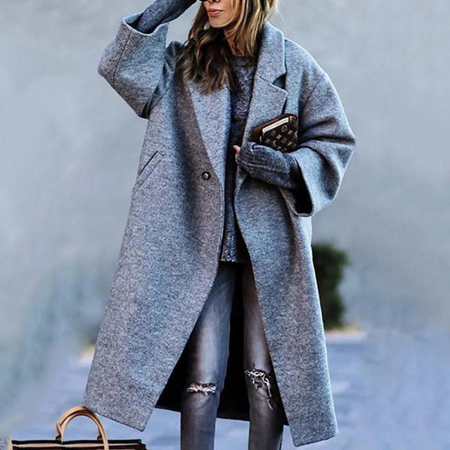 Women's Coat – Wool Blend – Oversized Fit – Simple Closure – Color Block Design