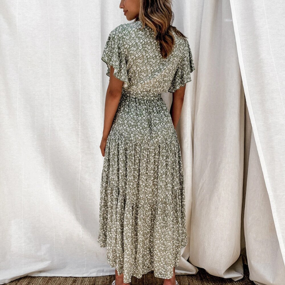 Women's Maxi Dress - Floral Print - Wrap Design with V-Neck - Short Flutter Sleeves - High Slit