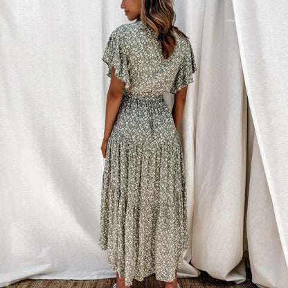 Women's Maxi Dress - Floral Print - Wrap Design with V-Neck - Short Flutter Sleeves - High Slit