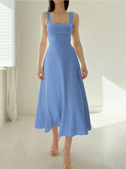 Women's Midi Dress – Sleeveless with Wide Straps – A-line – Square Neck