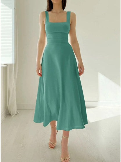 Women's Midi Dress – Sleeveless with Wide Straps – A-line – Square Neck
