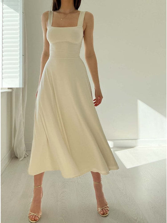 Women's Midi Dress – Sleeveless with Wide Straps – A-line – Square Neck