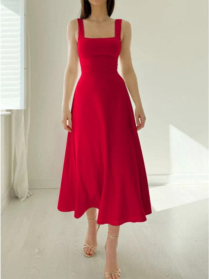 Women's Midi Dress – Sleeveless with Wide Straps – A-line – Square Neck