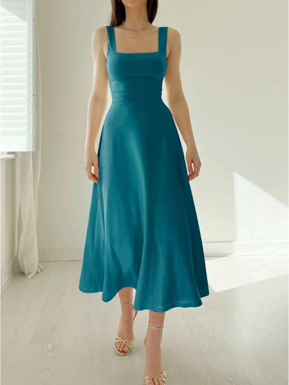Women's Midi Dress – Sleeveless with Wide Straps – A-line – Square Neck