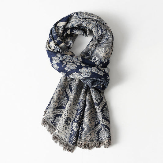 Eleonora Fringed Scarf | Jacquard Pattern Draped Fit Scarf