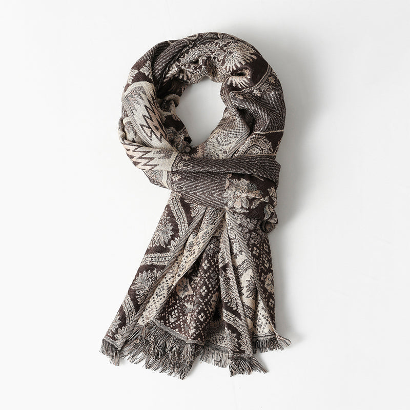 Eleonora Fringed Scarf | Jacquard Pattern Draped Fit Scarf