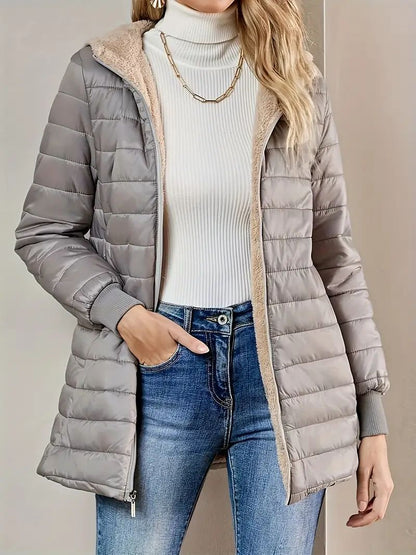 Women’s Jacket - Woven Synthetic - Hooded - Mid-Thigh Length - Ribbed Cuffs