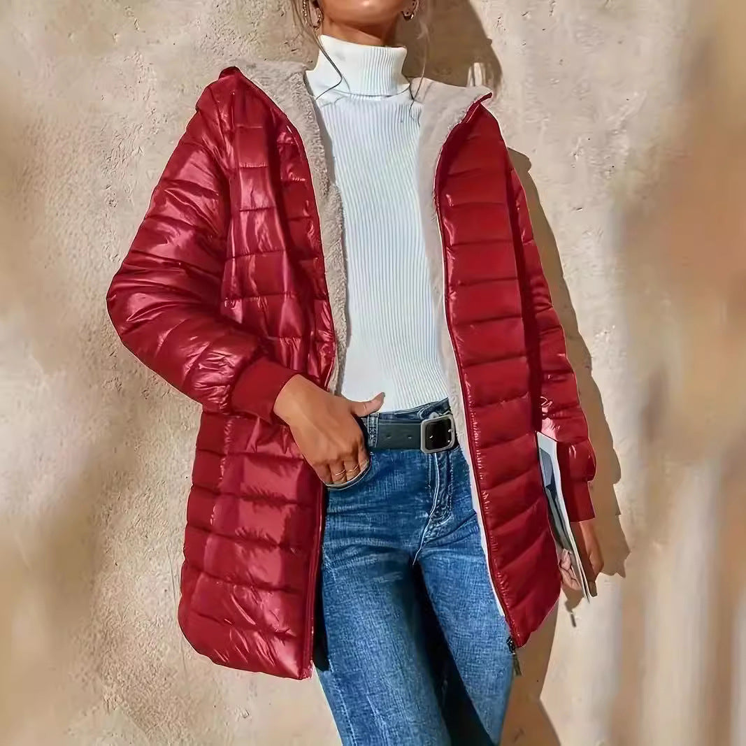 Women’s Jacket - Woven Synthetic - Hooded - Mid-Thigh Length - Ribbed Cuffs