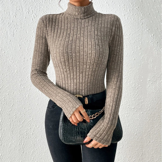 Women's Sweater with High Neck – Slim Fit – Ribbed Wool Blend – Long Sleeves