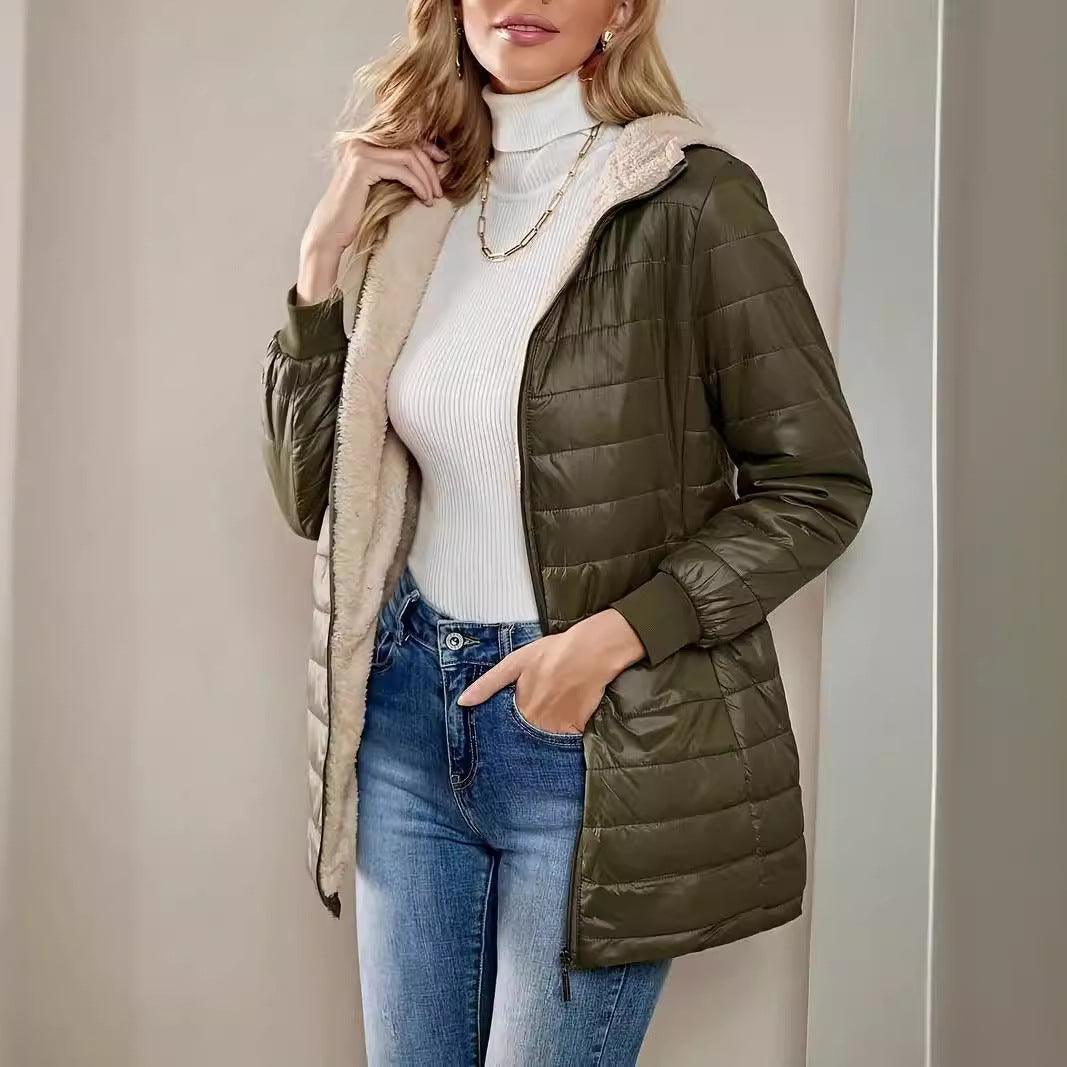 Women’s Jacket - Woven Synthetic - Hooded - Mid-Thigh Length - Ribbed Cuffs