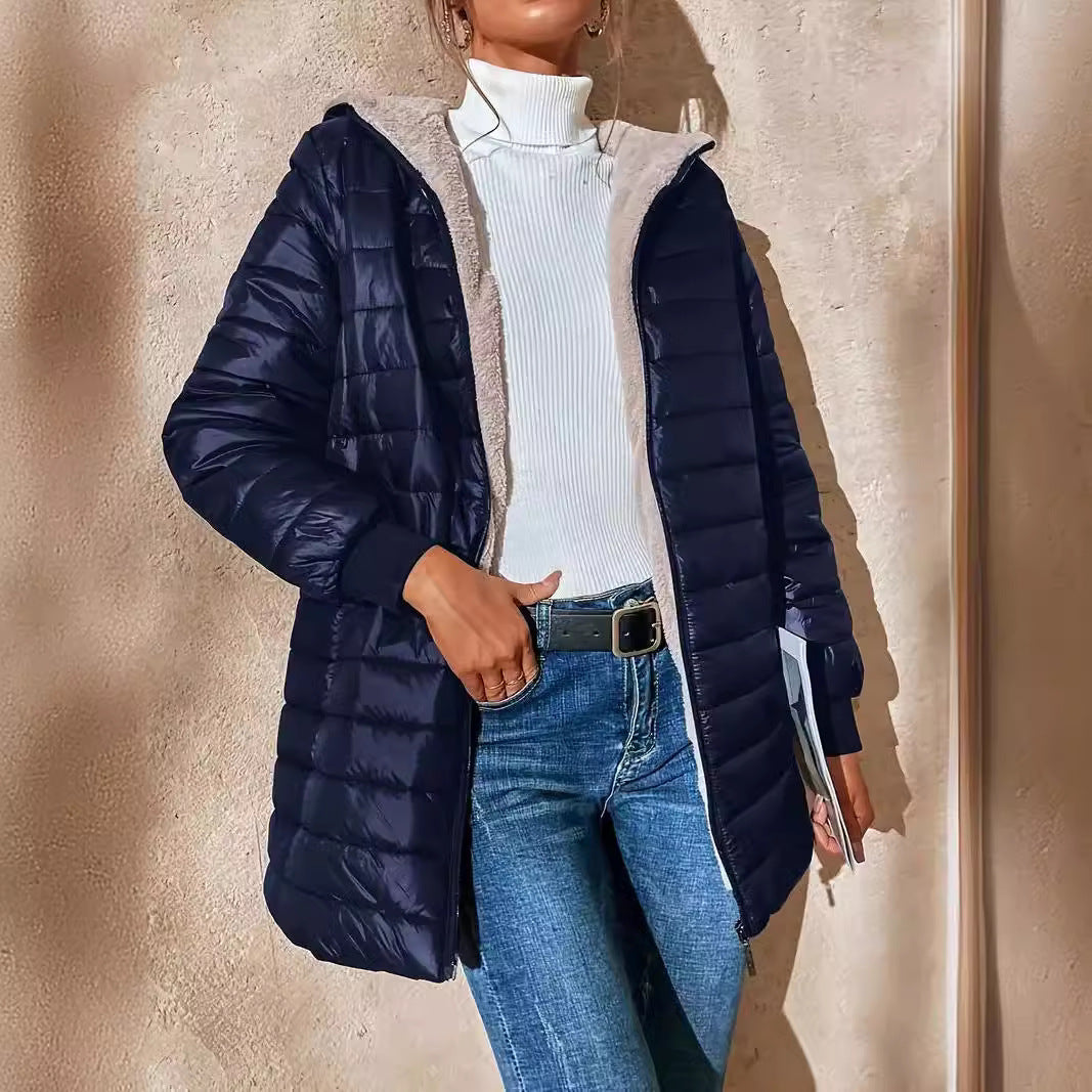 Women’s Jacket - Woven Synthetic - Hooded - Mid-Thigh Length - Ribbed Cuffs