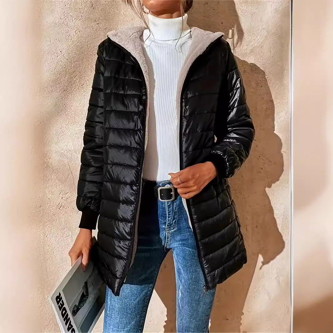 Women’s Jacket - Woven Synthetic - Hooded - Mid-Thigh Length - Ribbed Cuffs
