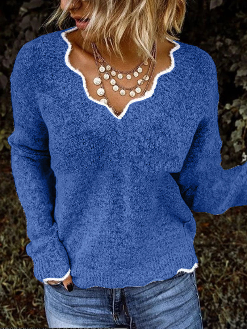 Women's Sweater – Wool Knit – Relaxed Fit – Wavy Neckline – Soft Everyday Style