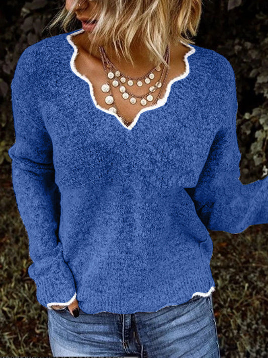 Women's Sweater – Wool Knit – Relaxed Fit – Wavy Neckline – Soft Everyday Style
