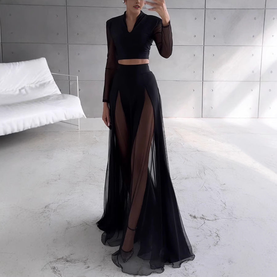 Women's Two-Piece Set – Long-Sleeve Crop Top – Floor-Length A-Line Skirt – Transparent Mesh