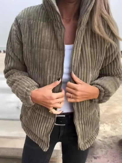 Women's Jacket – Corduroy – Relaxed Fit – Short Length – Stand Collar – Zipper