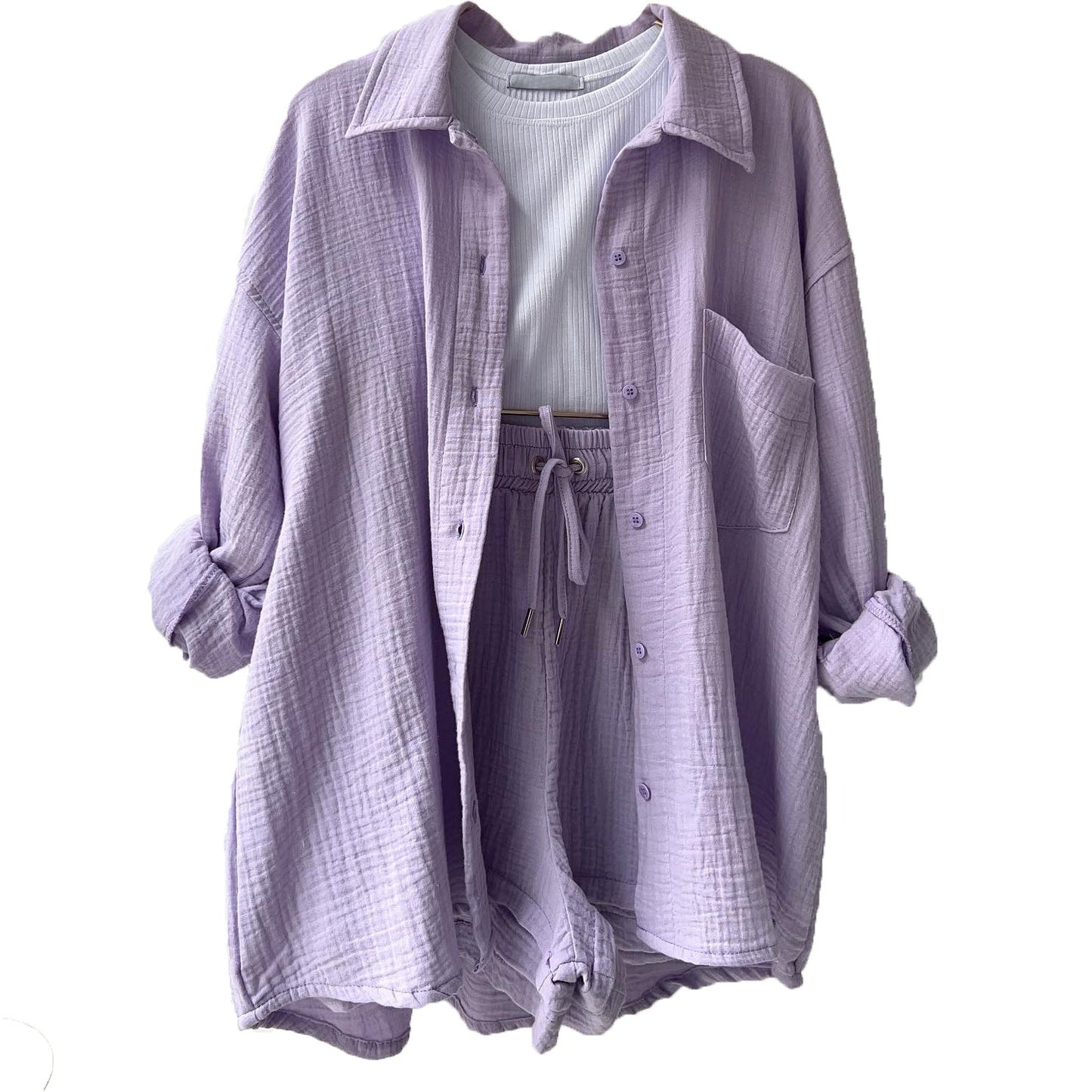 Women's Two-Piece Set – Relaxed Collared Shirt – High-Waisted Drawstring Shorts