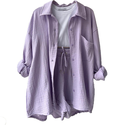 Women's Two-Piece Set – Relaxed Collared Shirt – High-Waisted Drawstring Shorts